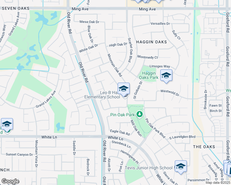 map of restaurants, bars, coffee shops, grocery stores, and more near 9501 Ridge Oak Drive in Bakersfield