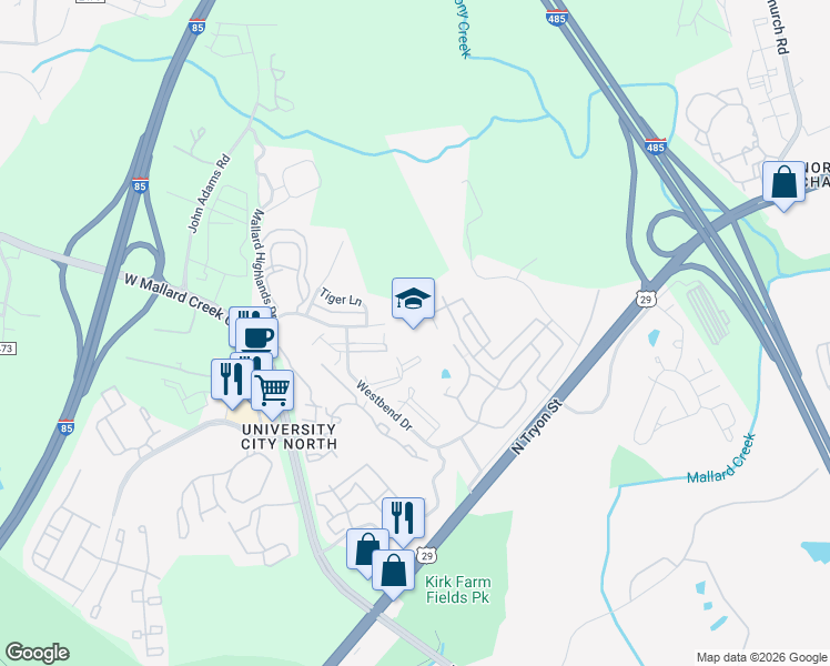 map of restaurants, bars, coffee shops, grocery stores, and more near 1725 Marlynn Drive in Charlotte