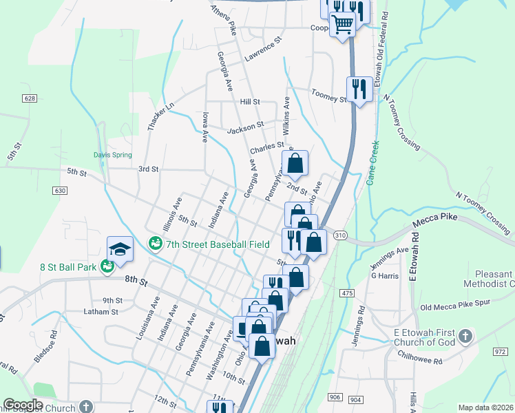 map of restaurants, bars, coffee shops, grocery stores, and more near 330 Pennsylvania Avenue in Etowah