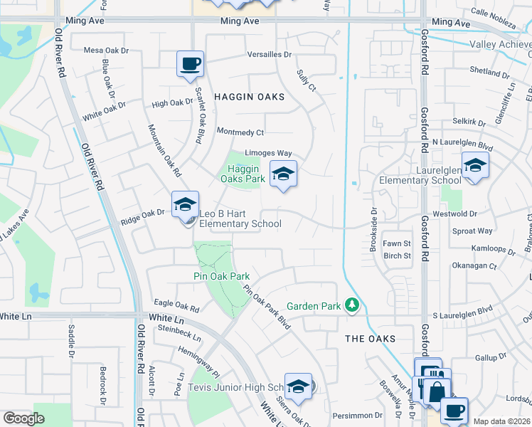map of restaurants, bars, coffee shops, grocery stores, and more near 2600 Oak Grove Street in Bakersfield
