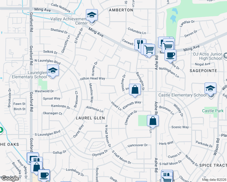 map of restaurants, bars, coffee shops, grocery stores, and more near 2725 Stolle Court in Bakersfield
