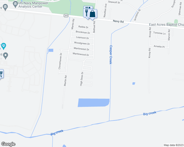 map of restaurants, bars, coffee shops, grocery stores, and more near 6368 Sea Breeze Drive in Millington