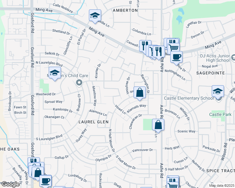 map of restaurants, bars, coffee shops, grocery stores, and more near 7001 Margaret Court in Bakersfield