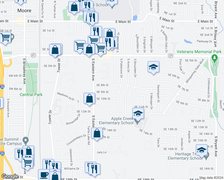 map of restaurants, bars, coffee shops, grocery stores, and more near 901 Southeast 9th Street in Moore