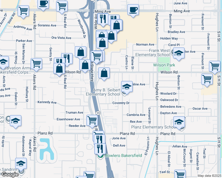 map of restaurants, bars, coffee shops, grocery stores, and more near 2704 Villalovos Court in Bakersfield