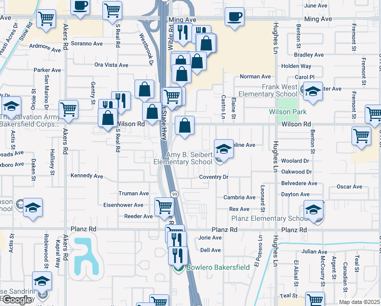 map of restaurants, bars, coffee shops, grocery stores, and more near 2716 Villalovos Court in Bakersfield