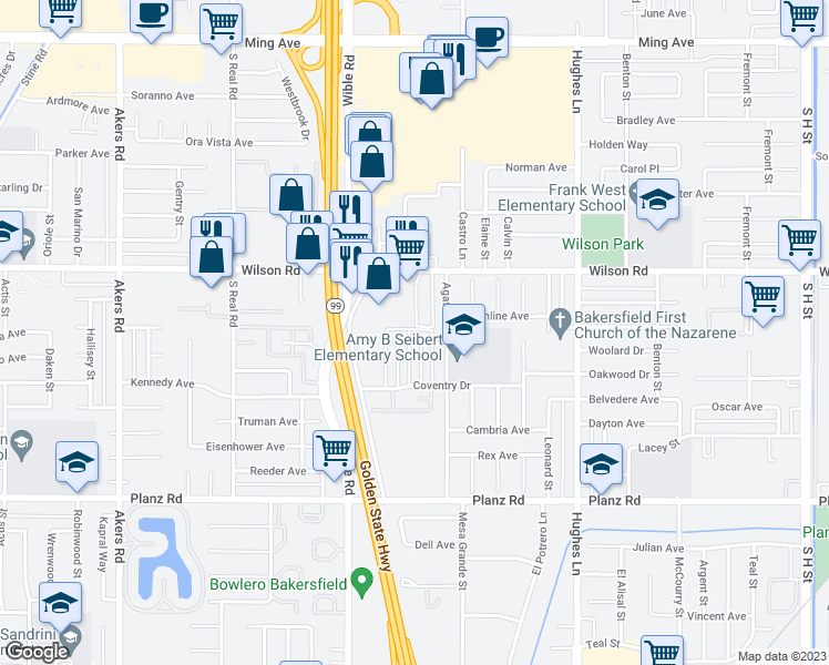 map of restaurants, bars, coffee shops, grocery stores, and more near 2701 Morin Court in Bakersfield