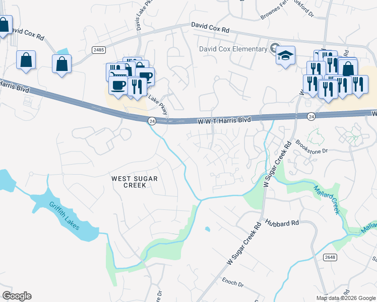 map of restaurants, bars, coffee shops, grocery stores, and more near 4585 Antelope Lane in Charlotte