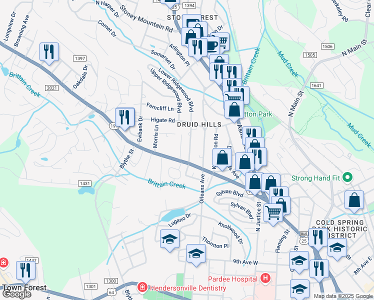 map of restaurants, bars, coffee shops, grocery stores, and more near 1529 Dawnview Drive in Hendersonville