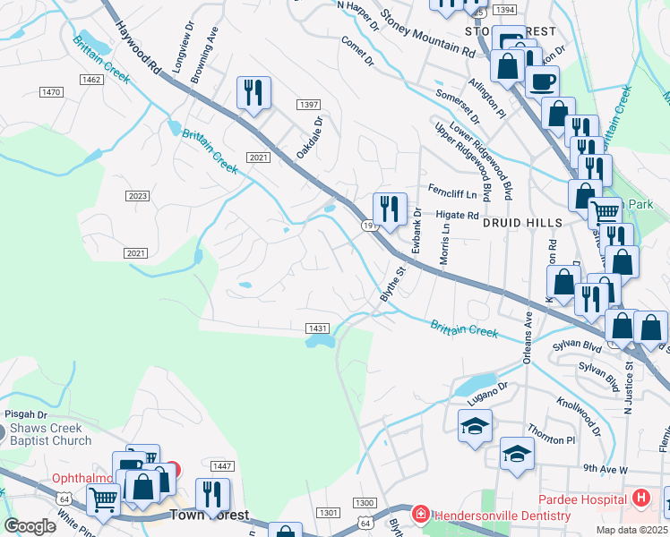 map of restaurants, bars, coffee shops, grocery stores, and more near 4 South Woodridge View Court in Hendersonville