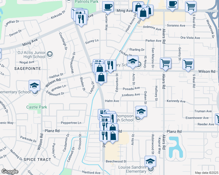 map of restaurants, bars, coffee shops, grocery stores, and more near 31 Real Road in Bakersfield