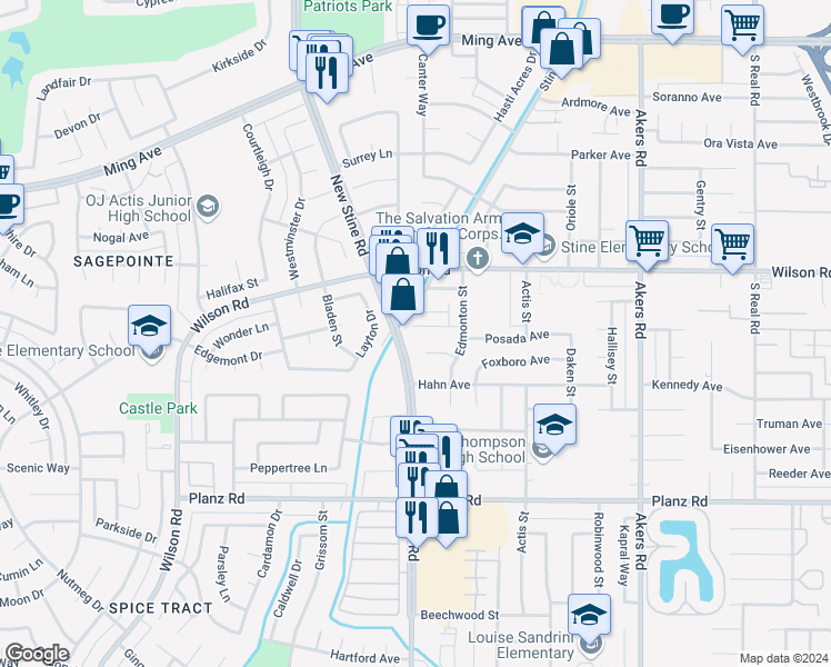 map of restaurants, bars, coffee shops, grocery stores, and more near 31 Real Road in Bakersfield