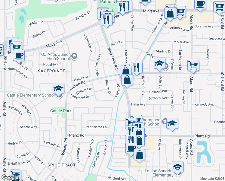 map of restaurants, bars, coffee shops, grocery stores, and more near 5212 Lowen Avenue in Bakersfield