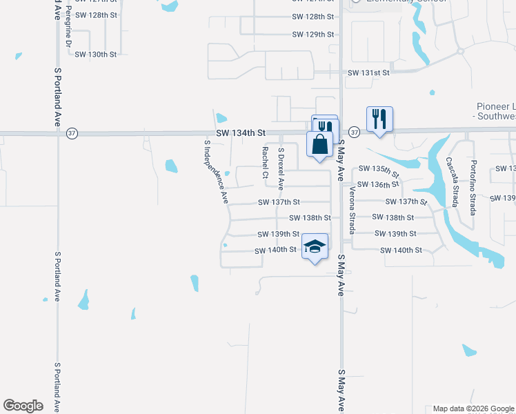 map of restaurants, bars, coffee shops, grocery stores, and more near 3120 Southwest 137th Court in Oklahoma City