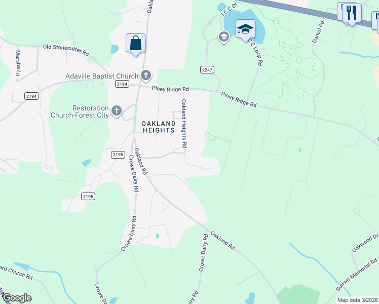 map of restaurants, bars, coffee shops, grocery stores, and more near 255 Oakland Heights Road in Forest City