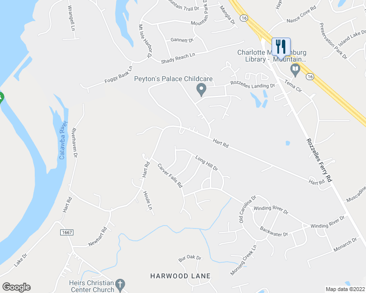 map of restaurants, bars, coffee shops, grocery stores, and more near 9515 Long Hill Drive in Charlotte