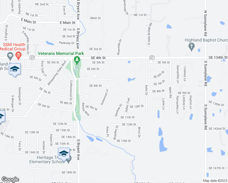 map of restaurants, bars, coffee shops, grocery stores, and more near 2317 Wimberley Creek Drive in Moore