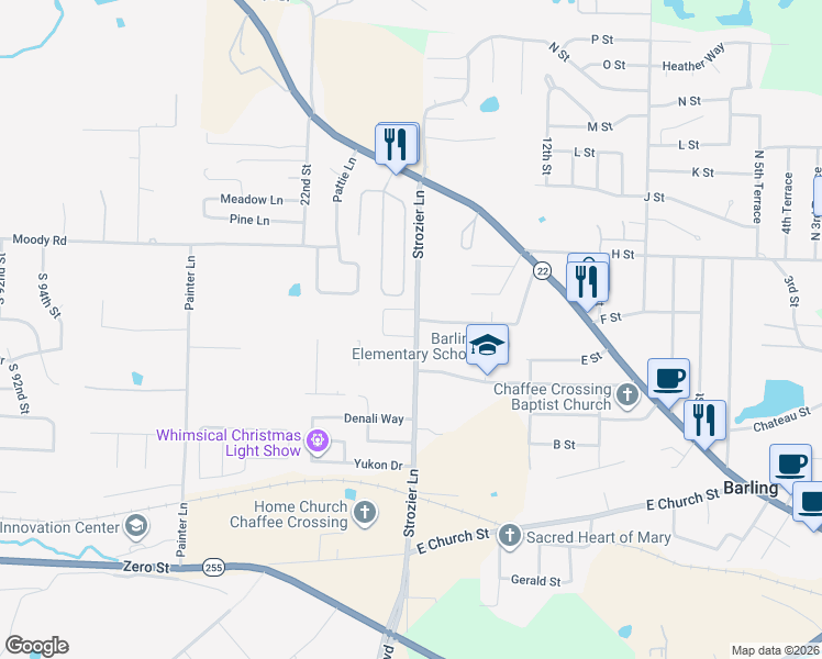 map of restaurants, bars, coffee shops, grocery stores, and more near 704 Strozier Lane in Barling