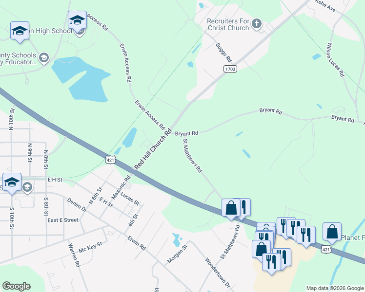 map of restaurants, bars, coffee shops, grocery stores, and more near 855 Saint Matthews Road in Erwin
