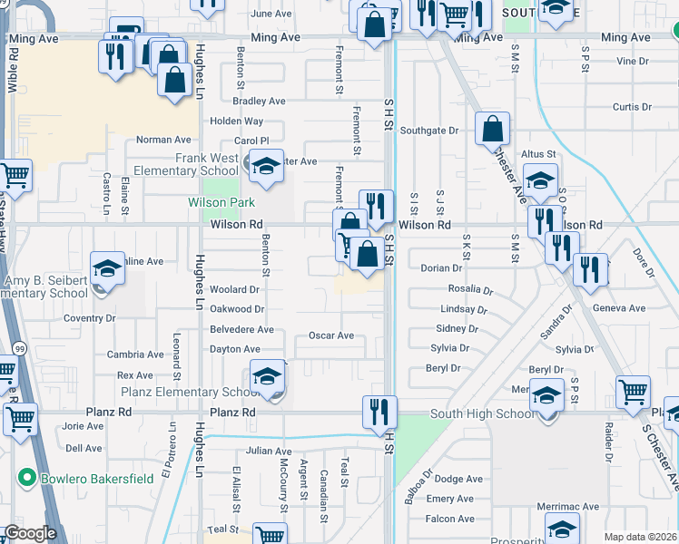 map of restaurants, bars, coffee shops, grocery stores, and more near 2698 Fremont Street in Bakersfield