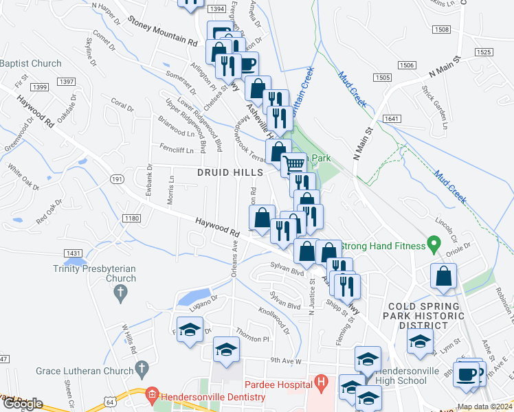 map of restaurants, bars, coffee shops, grocery stores, and more near 1612 Kensington Road in Hendersonville