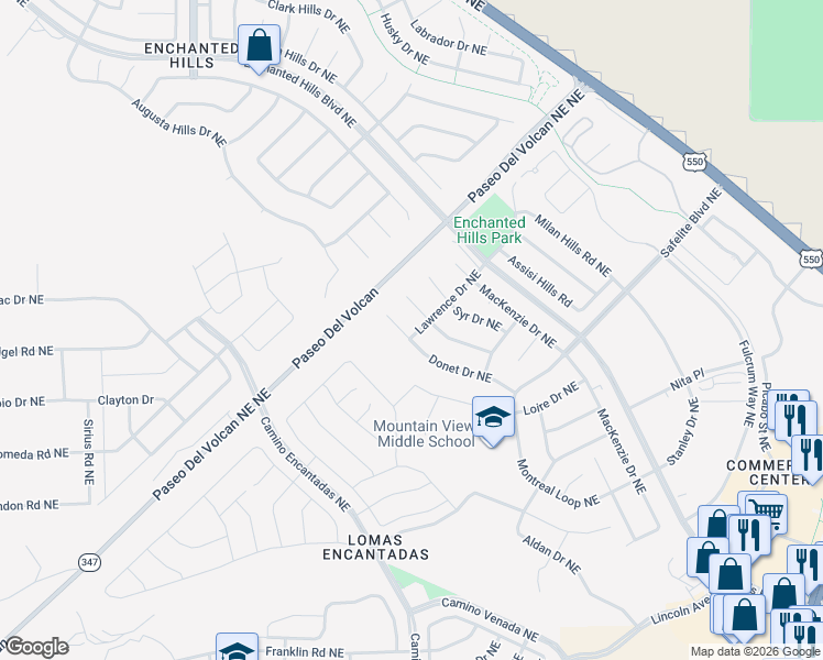 map of restaurants, bars, coffee shops, grocery stores, and more near 7212 Pechora Court Northeast in Rio Rancho