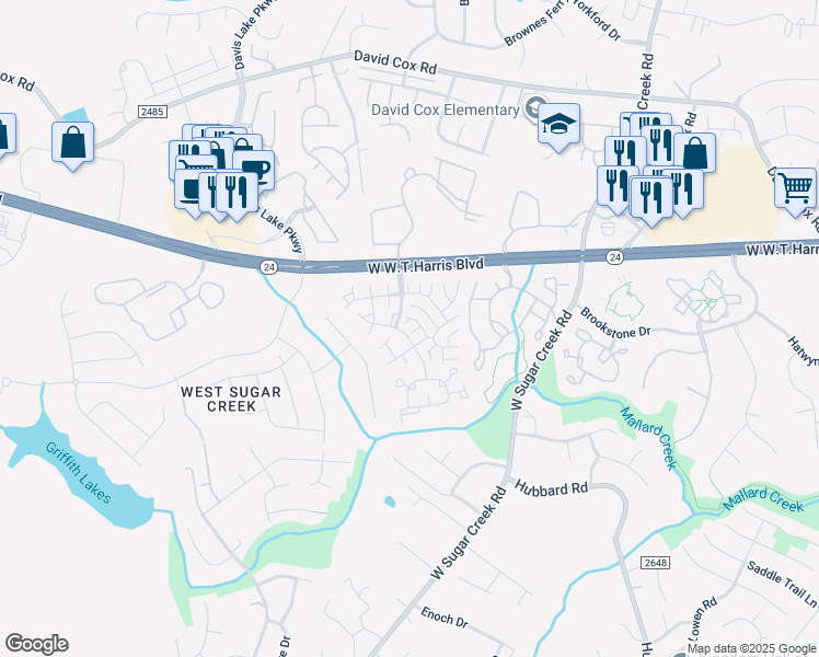 map of restaurants, bars, coffee shops, grocery stores, and more near 4511 Antelope Lane in Charlotte