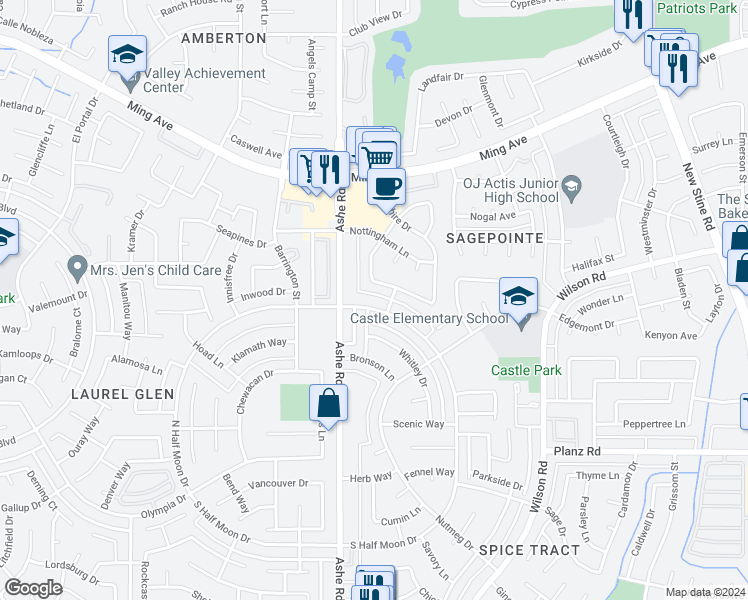map of restaurants, bars, coffee shops, grocery stores, and more near 6413 Manchester Lane in Bakersfield