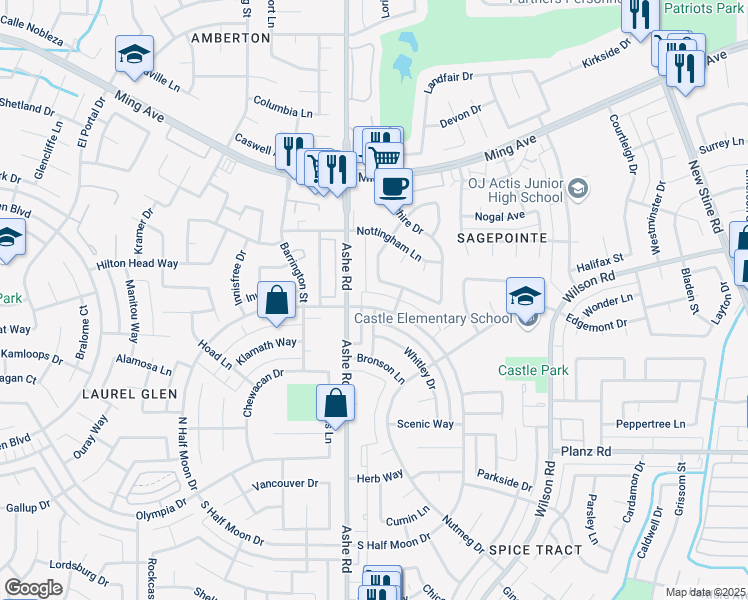 map of restaurants, bars, coffee shops, grocery stores, and more near 6413 Manchester Lane in Bakersfield