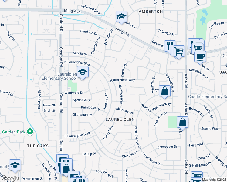 map of restaurants, bars, coffee shops, grocery stores, and more near 7400C North Laurelglen Boulevard in Bakersfield