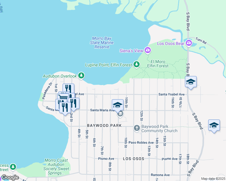 map of restaurants, bars, coffee shops, grocery stores, and more near 1166 8th Street in Baywood-Los Osos