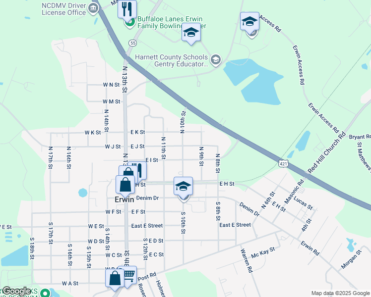 map of restaurants, bars, coffee shops, grocery stores, and more near 401 East J Street in Erwin