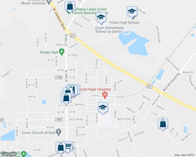 map of restaurants, bars, coffee shops, grocery stores, and more near 401 East J Street in Erwin