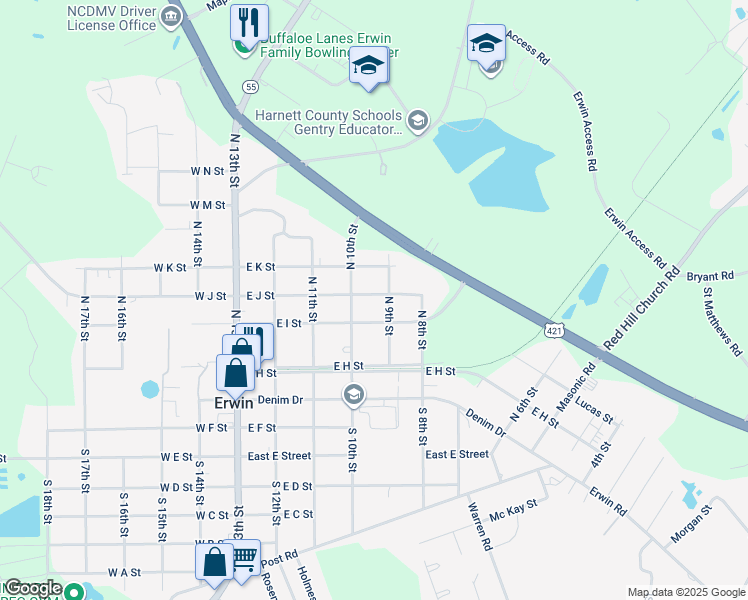 map of restaurants, bars, coffee shops, grocery stores, and more near 405 East J Street in Erwin