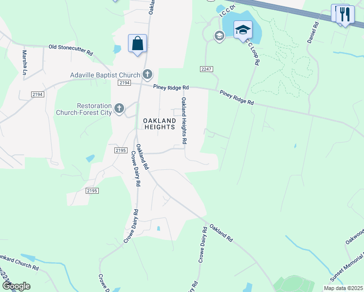 map of restaurants, bars, coffee shops, grocery stores, and more near 252 Oakland Heights Road in Forest City
