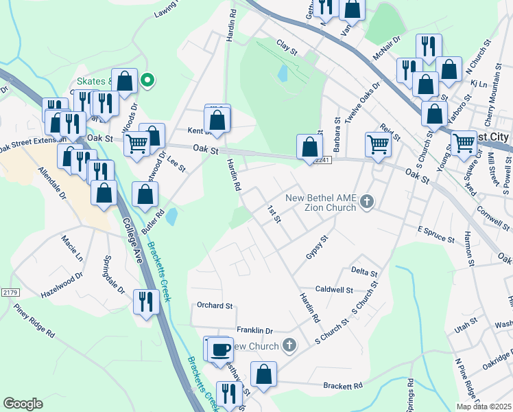 map of restaurants, bars, coffee shops, grocery stores, and more near 117 Thompson Street in Forest City
