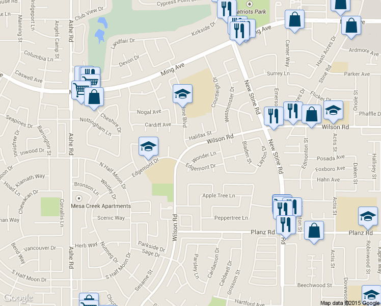 map of restaurants, bars, coffee shops, grocery stores, and more near 5607 Wilson Road in Bakersfield
