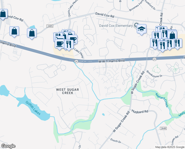 map of restaurants, bars, coffee shops, grocery stores, and more near 4585 Antelope Lane in Charlotte