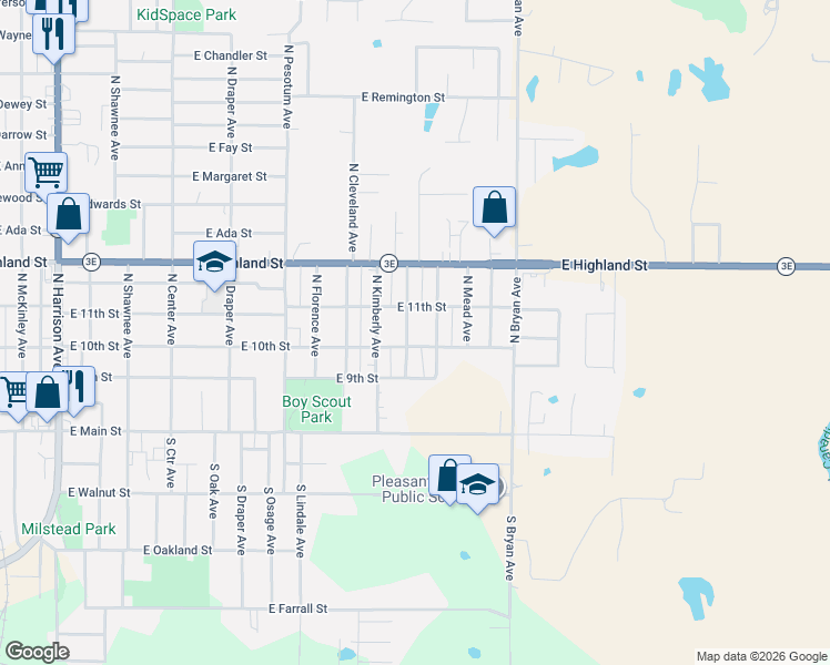 map of restaurants, bars, coffee shops, grocery stores, and more near 329 North Roosevelt Avenue in Shawnee