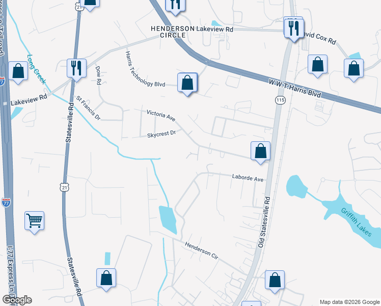 map of restaurants, bars, coffee shops, grocery stores, and more near Cedar Street in Charlotte