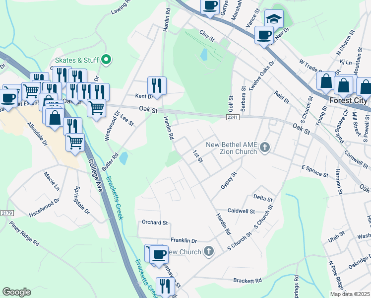 map of restaurants, bars, coffee shops, grocery stores, and more near 117 Thompson Street in Forest City