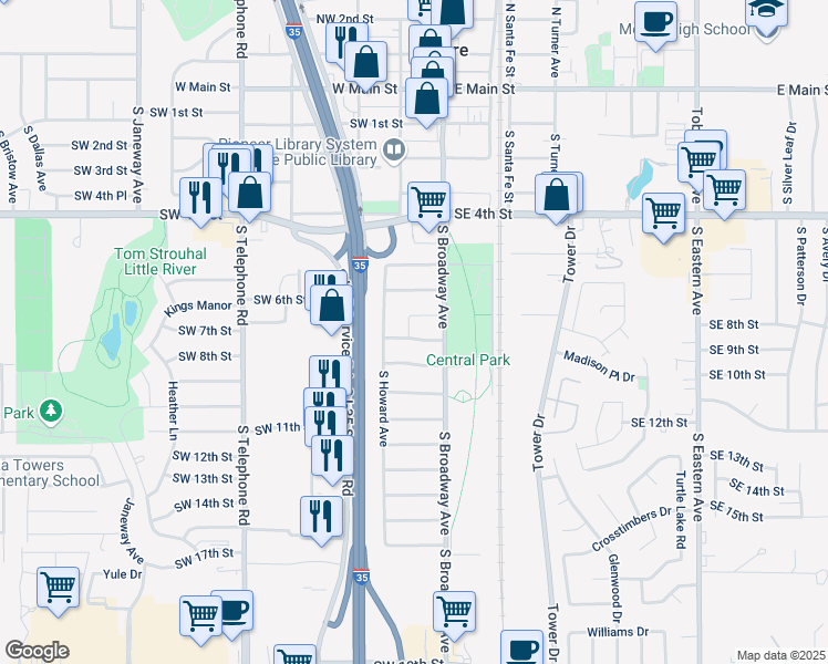 map of restaurants, bars, coffee shops, grocery stores, and more near 129 Southwest 7th Street in Moore