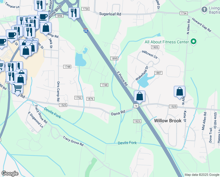 map of restaurants, bars, coffee shops, grocery stores, and more near 365 West Prince Road in Hendersonville