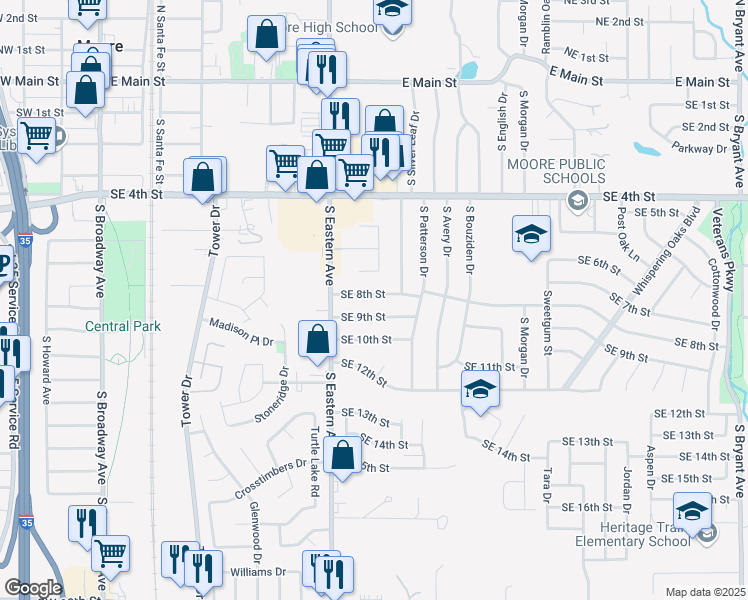 map of restaurants, bars, coffee shops, grocery stores, and more near 828 Southeast 8th Street in Moore