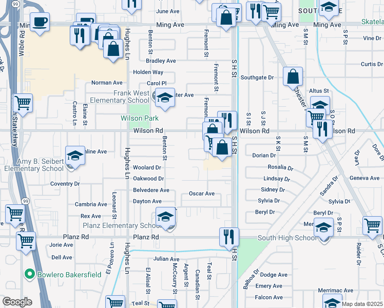 map of restaurants, bars, coffee shops, grocery stores, and more near 2601 Fremont Street in Bakersfield