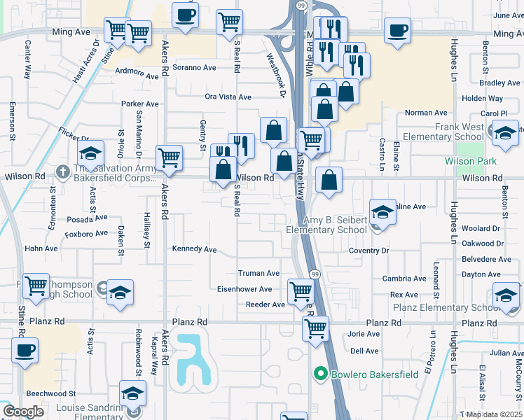 map of restaurants, bars, coffee shops, grocery stores, and more near 3505 Sampson Court in Bakersfield