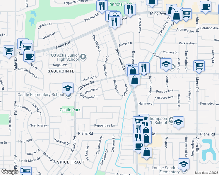 map of restaurants, bars, coffee shops, grocery stores, and more near 2613 Westminster Drive in Bakersfield