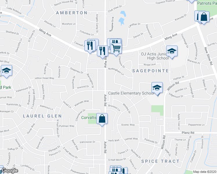 map of restaurants, bars, coffee shops, grocery stores, and more near 2608 Ashe Road in Bakersfield