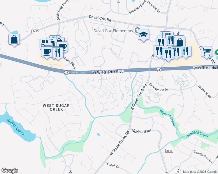 map of restaurants, bars, coffee shops, grocery stores, and more near 4467 Antelope Lane in Charlotte