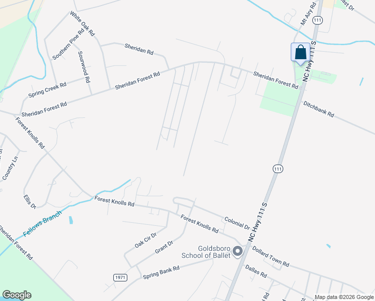 map of restaurants, bars, coffee shops, grocery stores, and more near 271 Sheridan Forest Road in Goldsboro